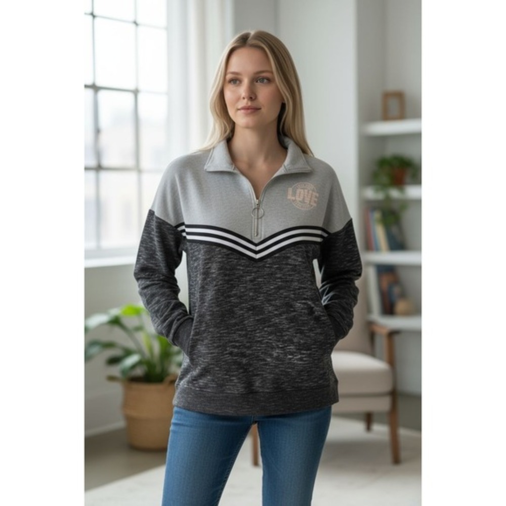 Inspired Hearts Womens Grey Colorblock LOVE Quarter Zip Sweatshirt Size L